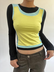 ‼️ | small black long sleeve top with yellow vest overlay detail