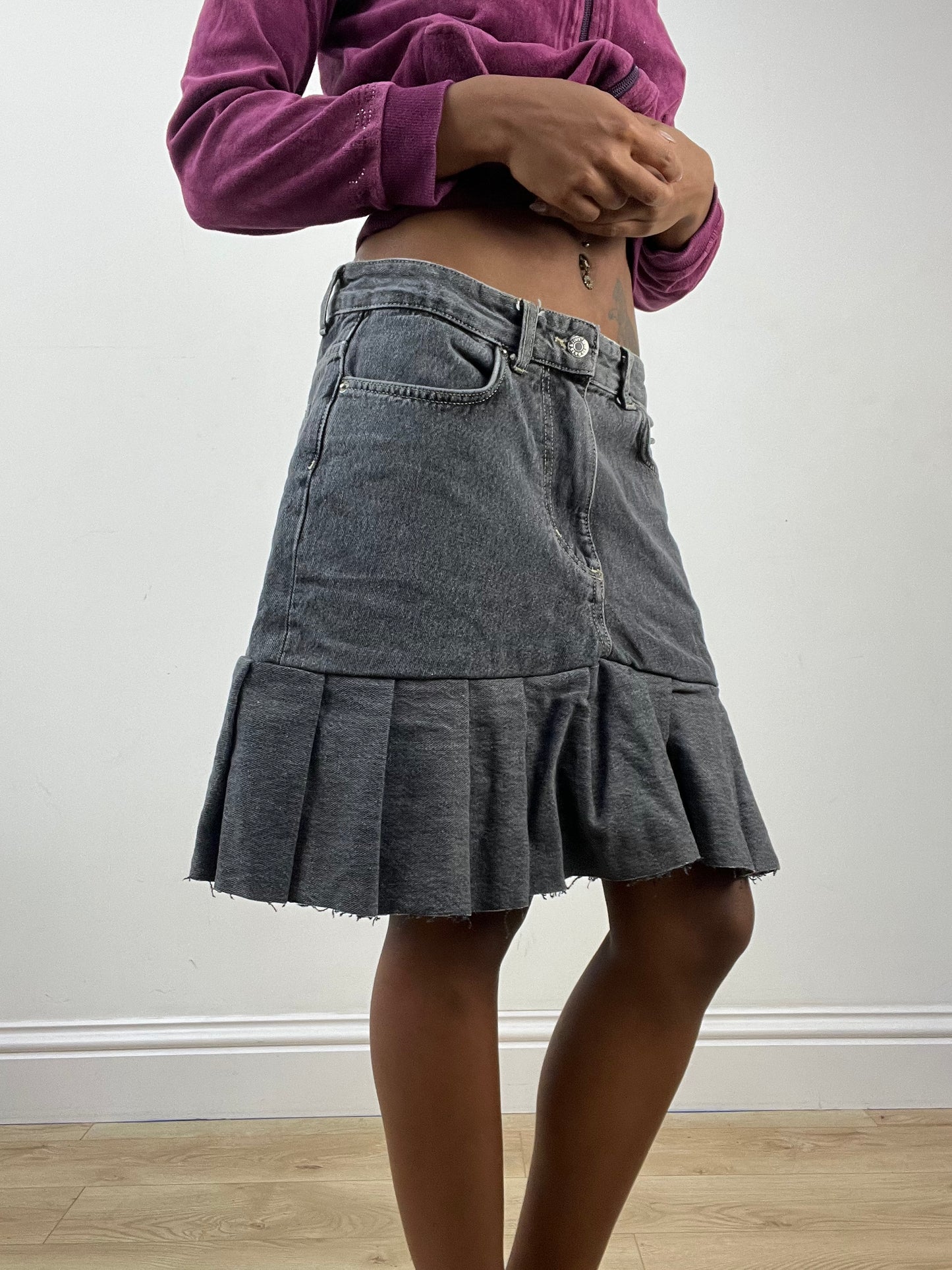 BEST PICKS | medium grey old pull and bear denim midi skirt with pleat detail