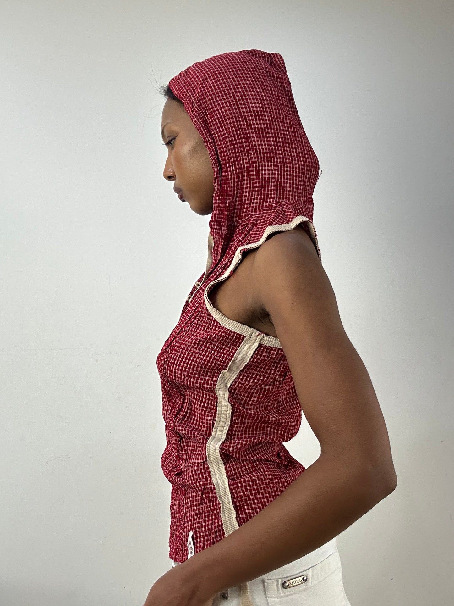 BEST PICKS | small red checkered sleeveless top with hood