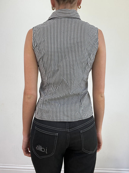 💻💚 miley cyrus edit | Pequeno preto e branco sem fio gingham botão para cima camisa