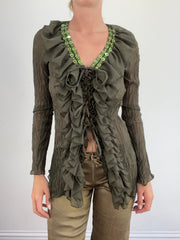summer edit | medium green semi sheer mesh shirt with ruffle detail