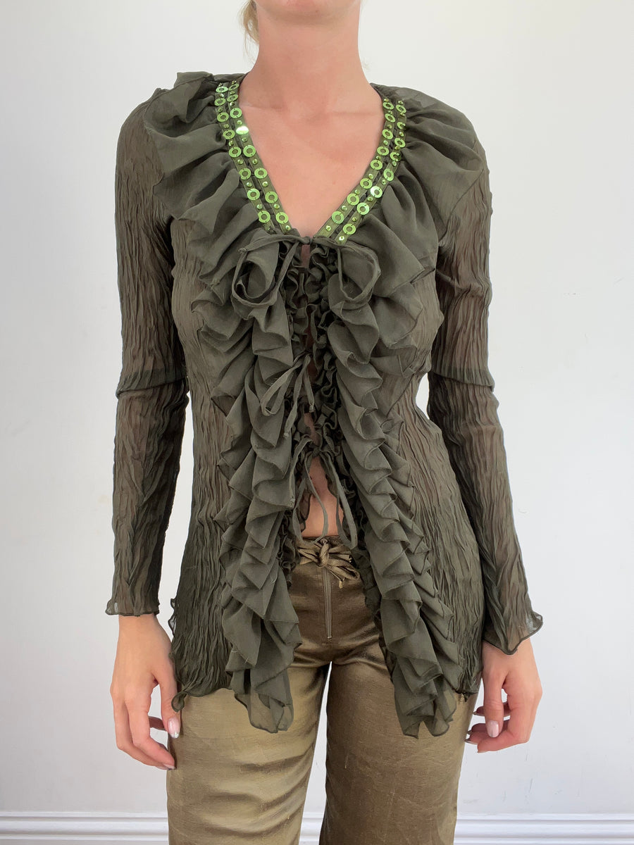 summer edit | medium green semi sheer mesh shirt with ruffle detail