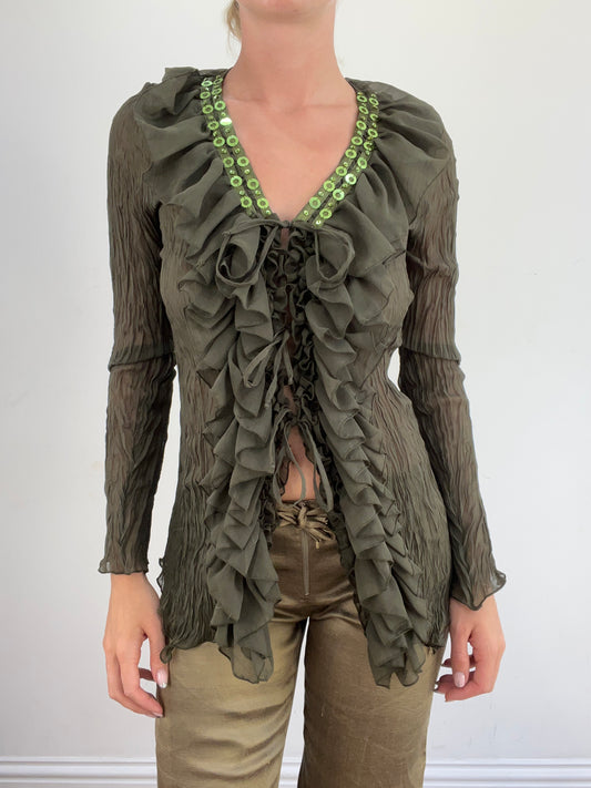 summer edit | medium green semi sheer mesh shirt with ruffle detail