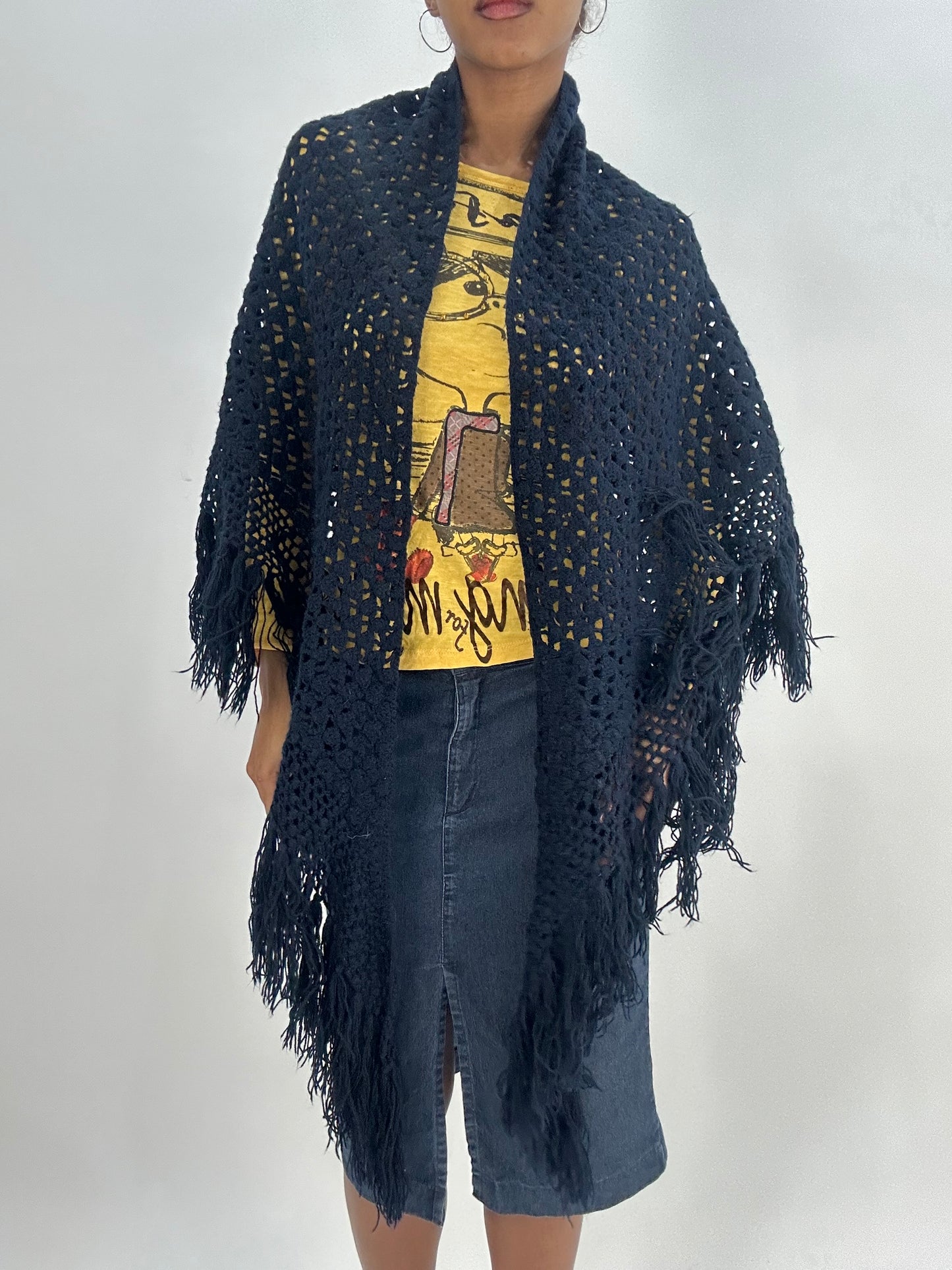 BEST PICKS | navy blue crochet tassel poncho scarf