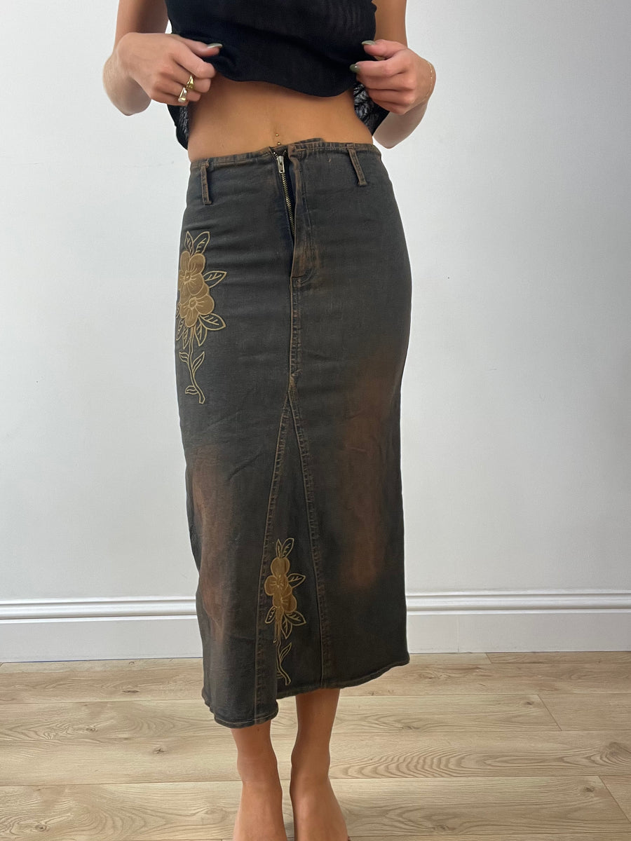 GIRLBAND DROP | extra small brown and black denim maxi skirt