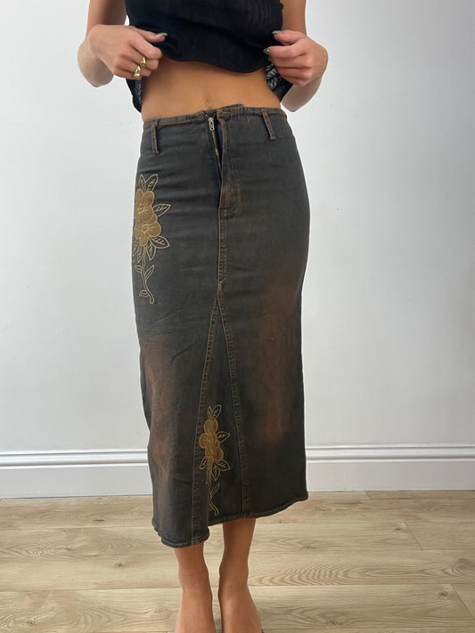 GIRLBAND DROP | extra small brown and black denim maxi skirt