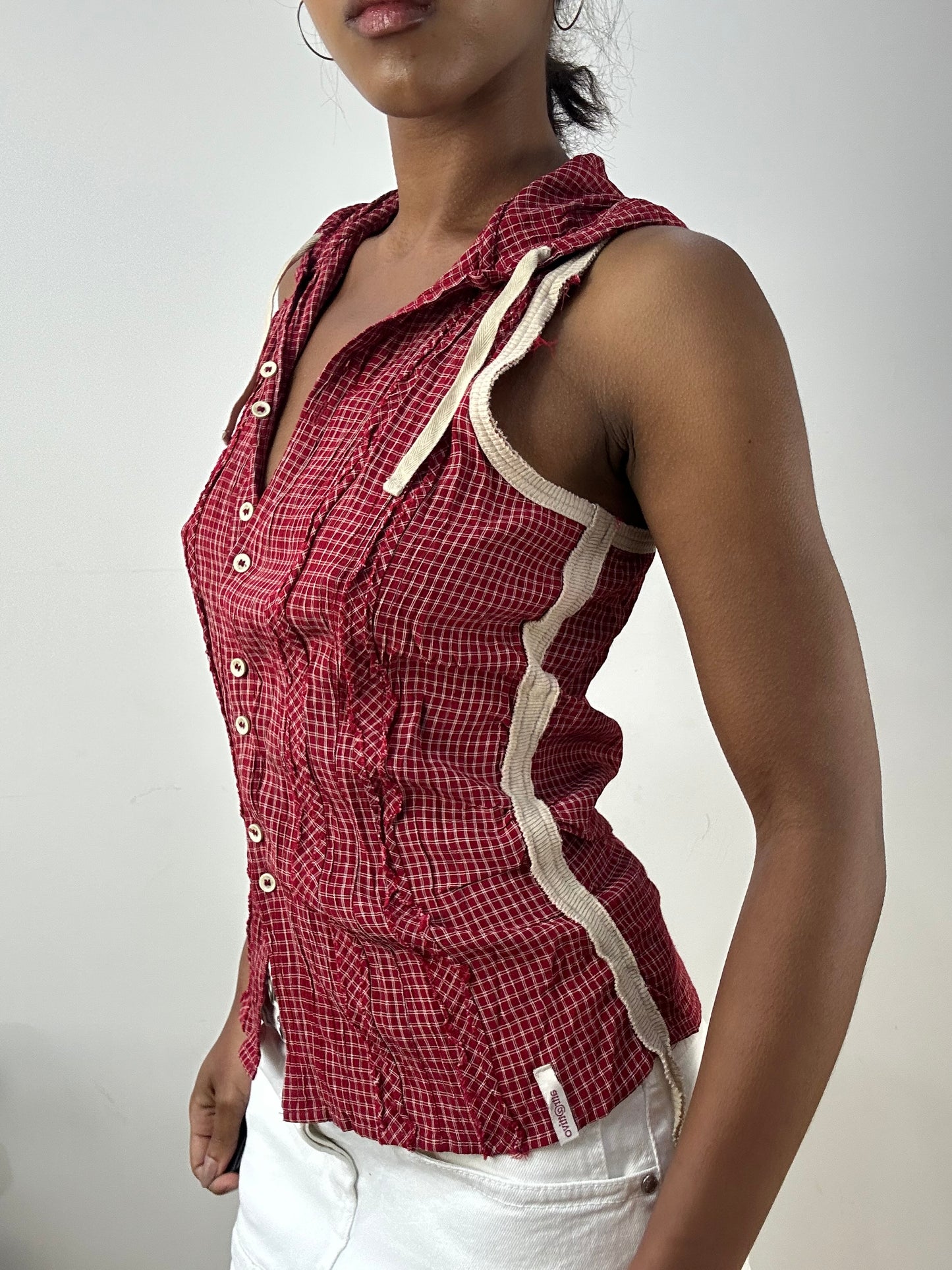 BEST PICKS | small red checkered sleeveless top with hood