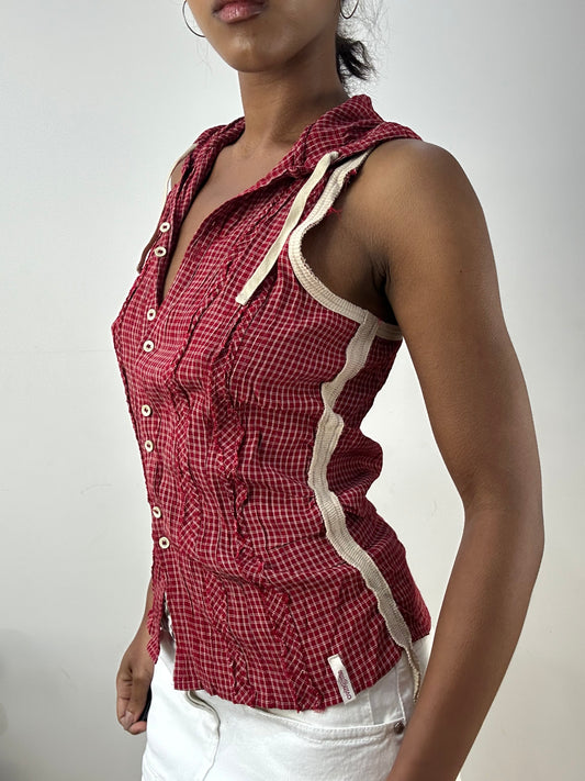 BEST PICKS | small red checkered sleeveless top with hood
