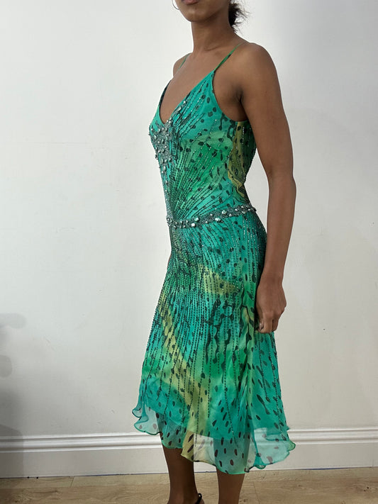 BEST PICKS | medium teal green silk midi dress with beading details