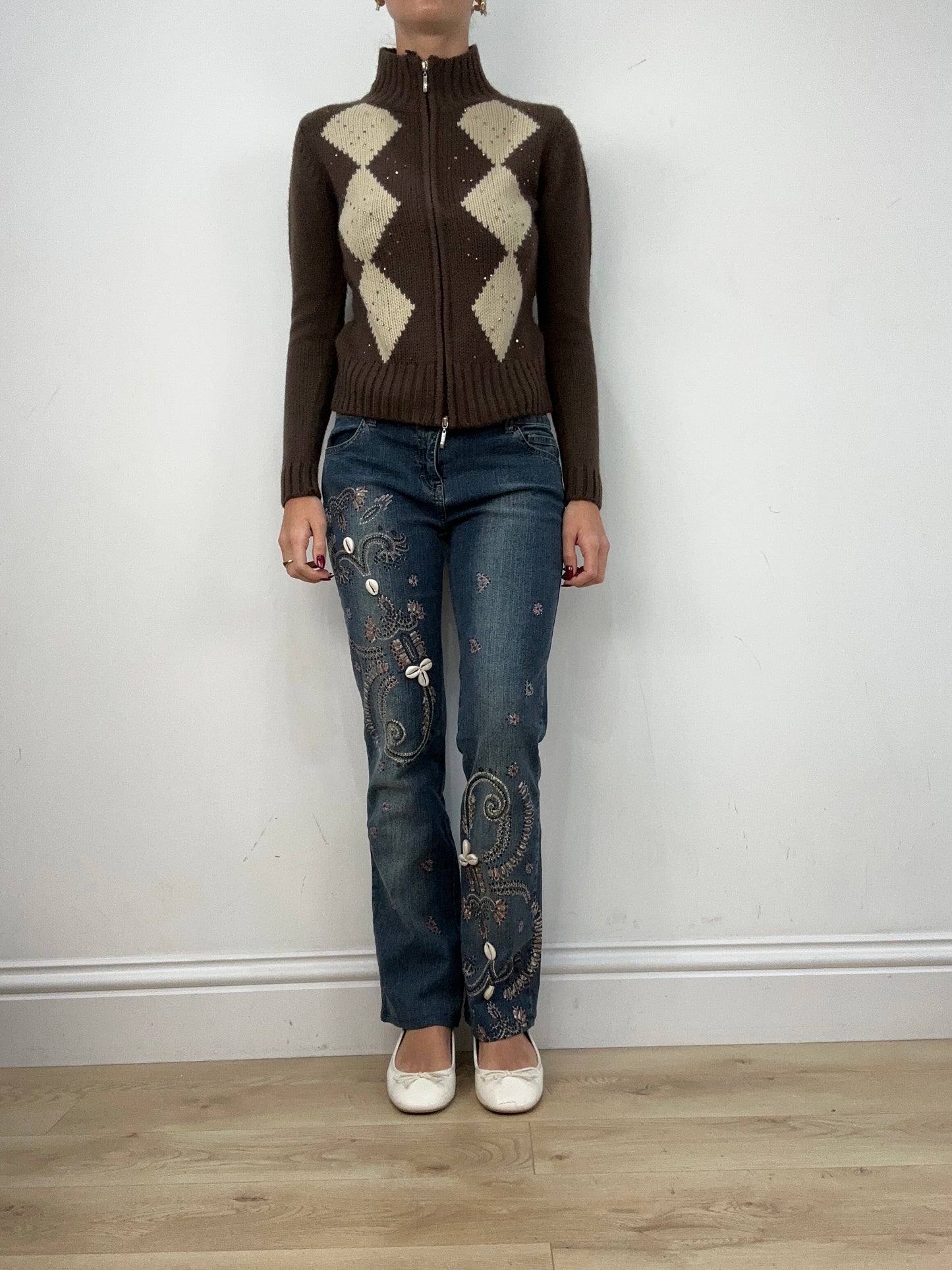 vintage edit twelve | small brown and cream argyle print dual zip jumper