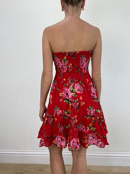 vintage edit: wedding guest | small red bandeau mini dress with floral pattern
