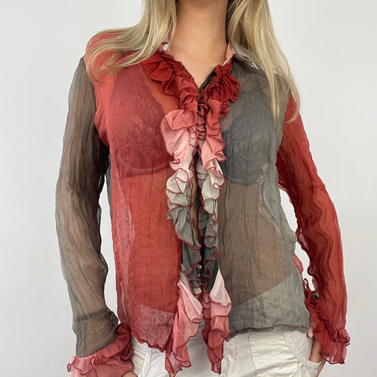 ETHEREAL GIRL DROP | medium khaki and red mesh ruffle shirt