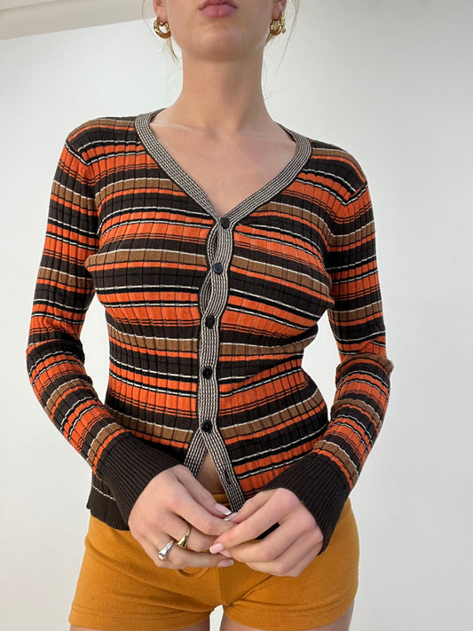 💻BEST PICKS | Größe: S · Farbe: Braun + Orange · Artikel: Cardigan · Details: gestreift