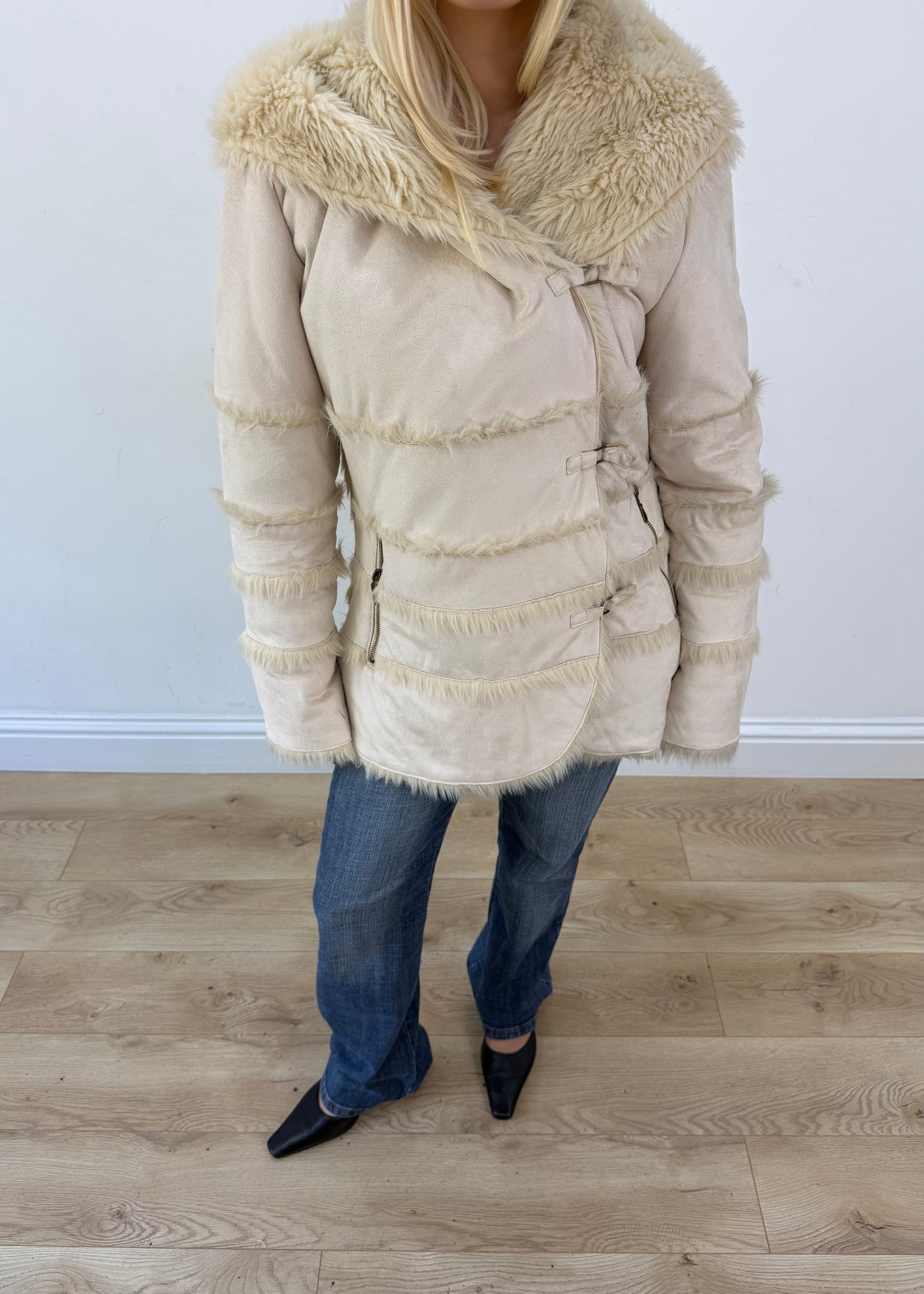 medium cream faux fur hooded jacket