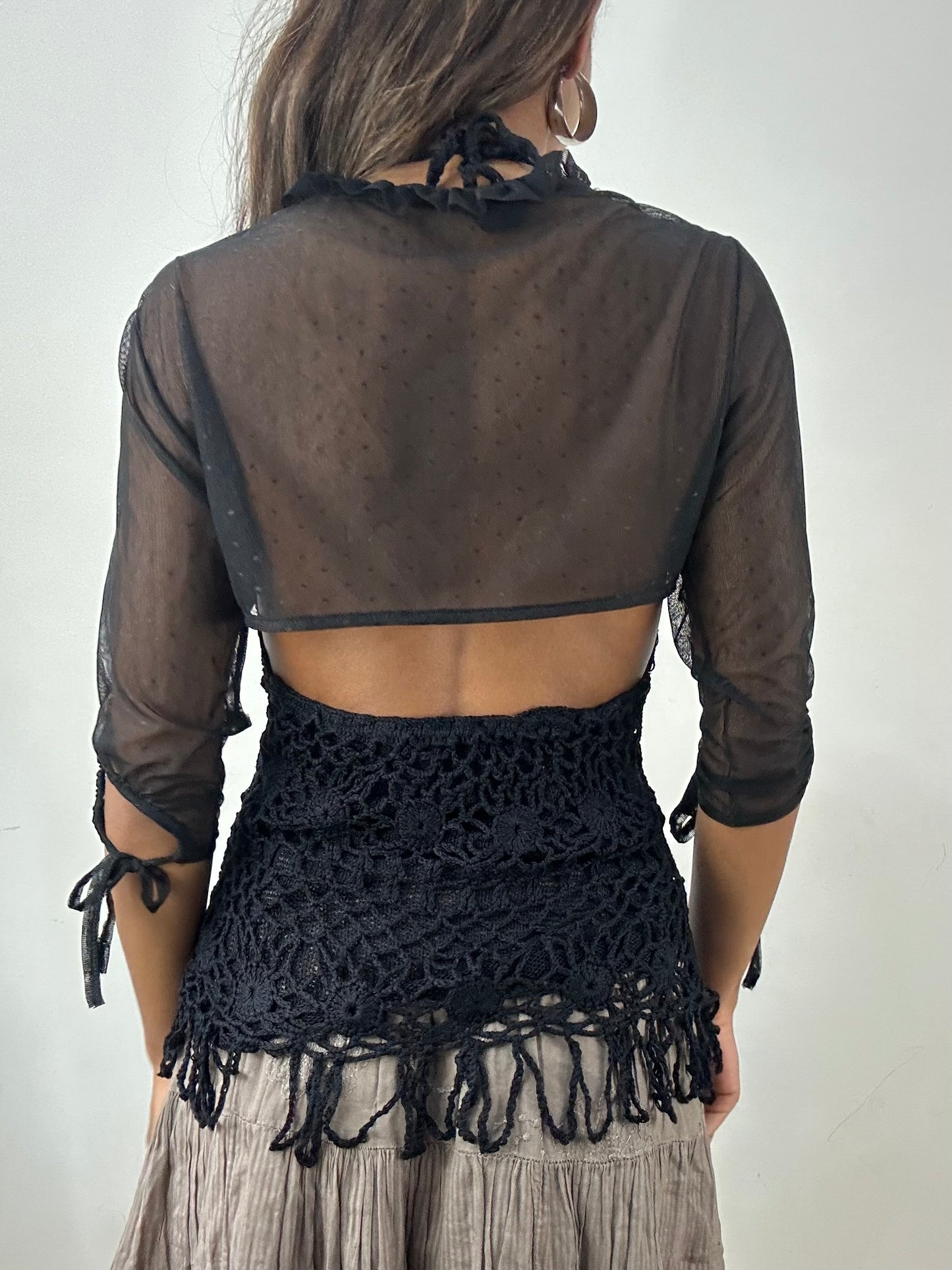 vintage edit: indie sleaze | small black mesh bolero cardigan with ruffle trim