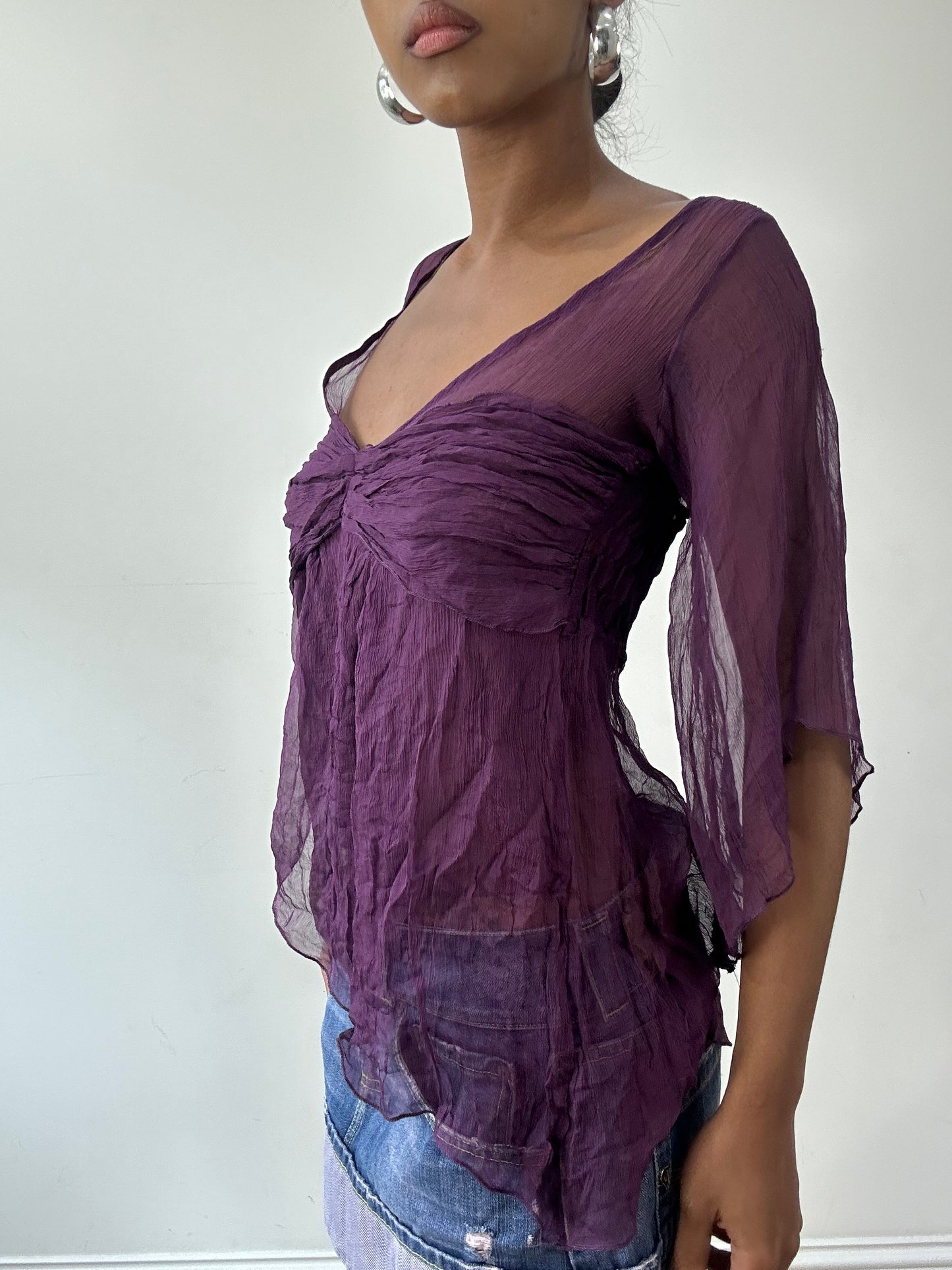 vintage edit thirty-one | small purple sheer 3/4 sleeve top