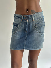 euro trash | small blue and orange harley davidson denim mini skirt