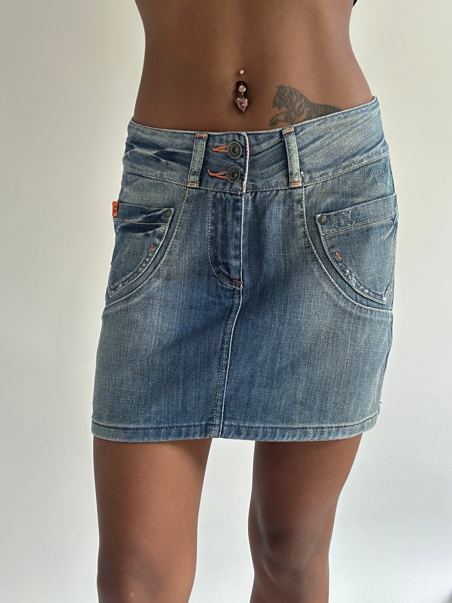 euro trash | small blue and orange harley davidson denim mini skirt