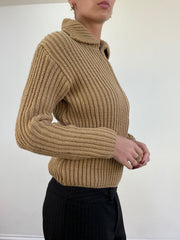 vintage edit thirteen | small light brown knitted ribbed zip jumper
