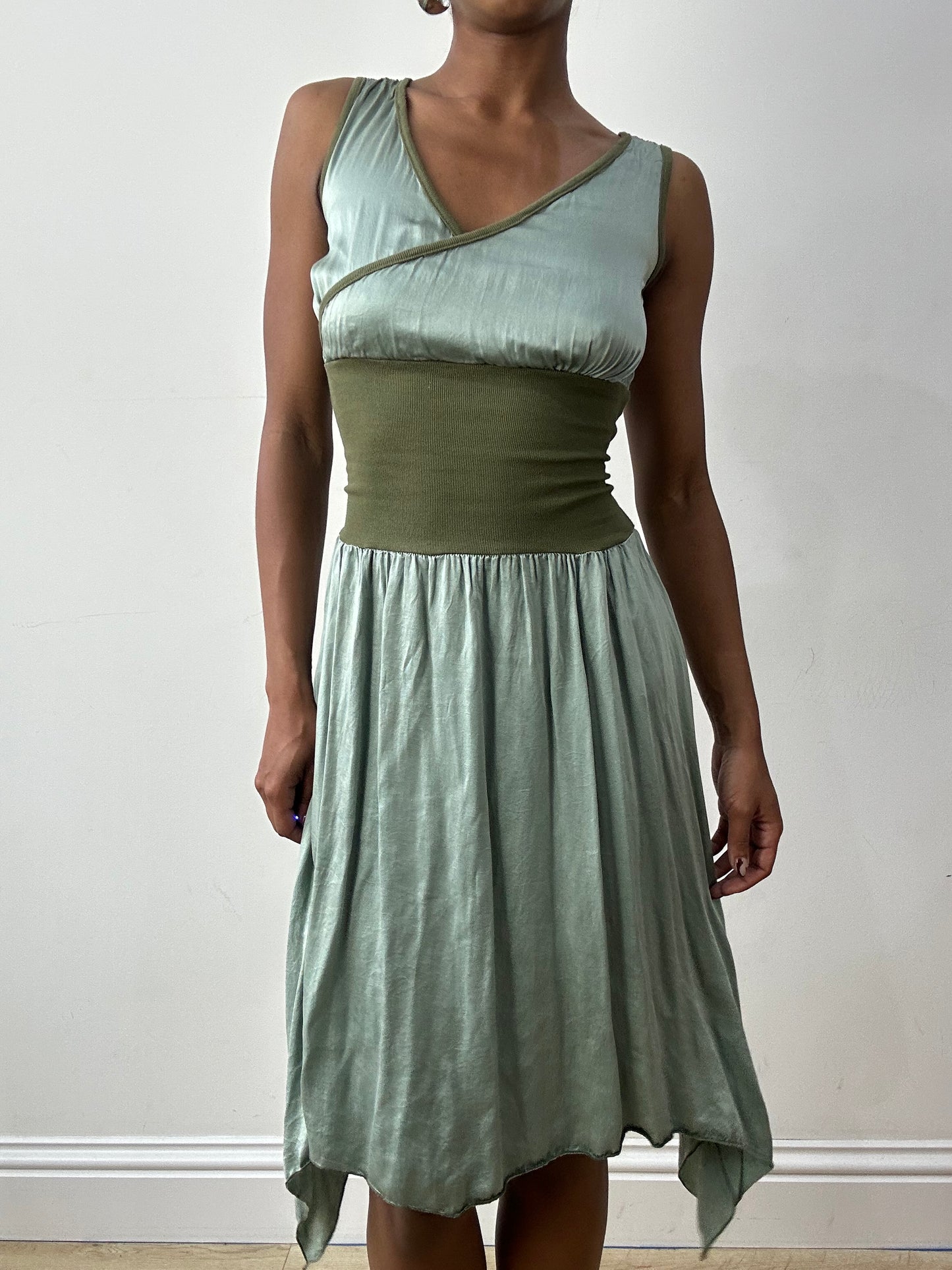 midsummer edit | small sage green asymmetric midi dress