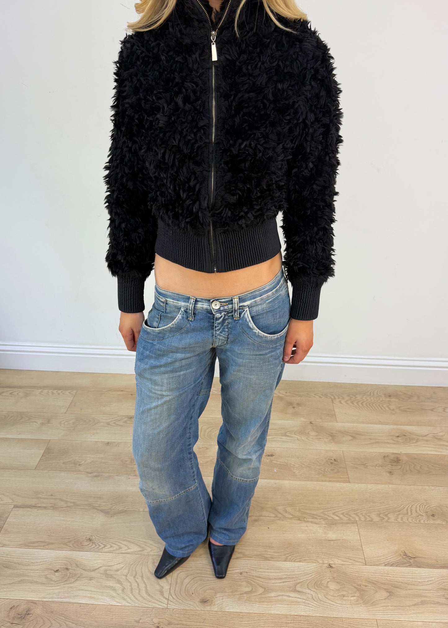 medium black fluffy bomber jacket