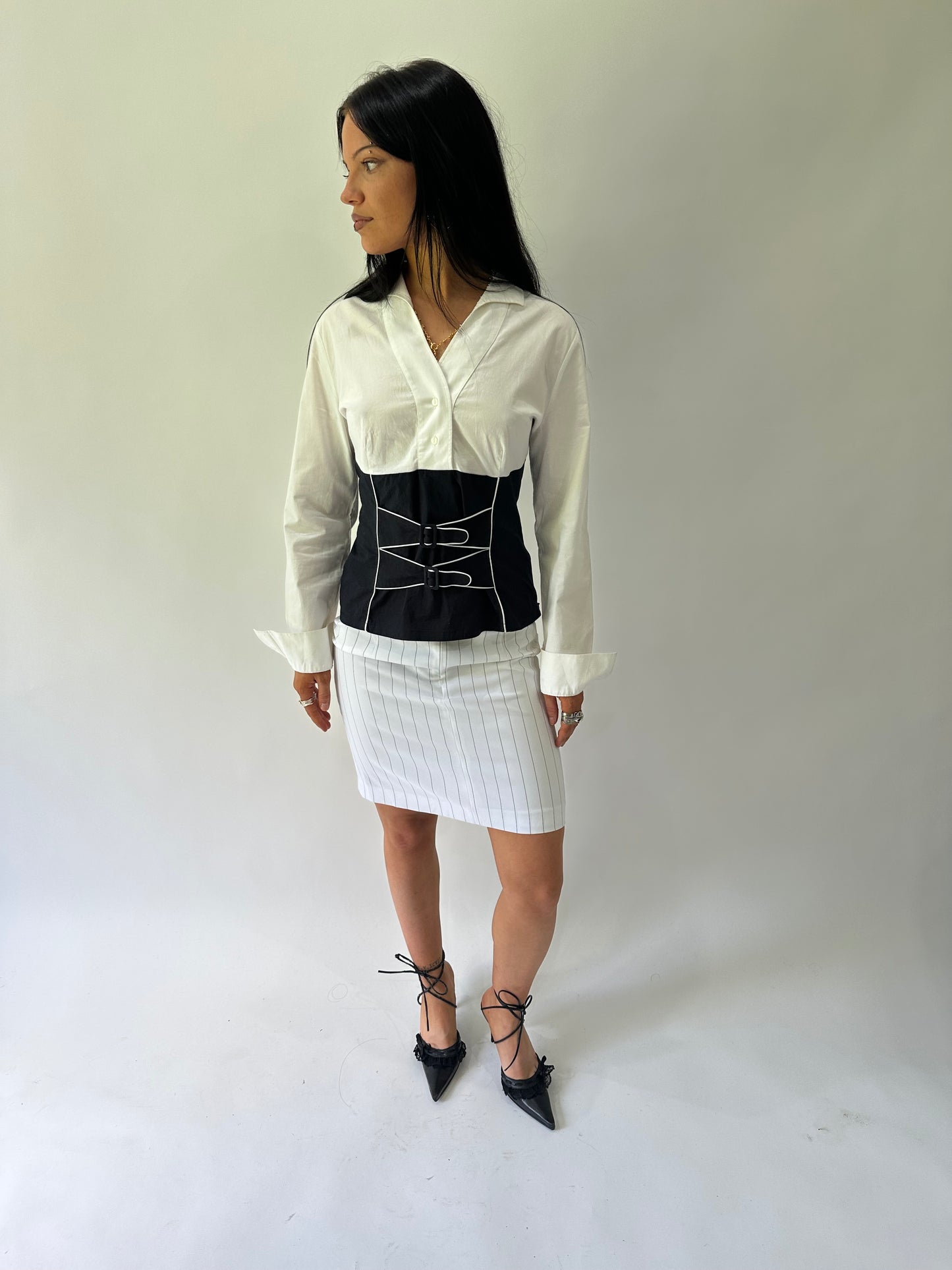 sailor drop | extra small white pinstripe midi skirt