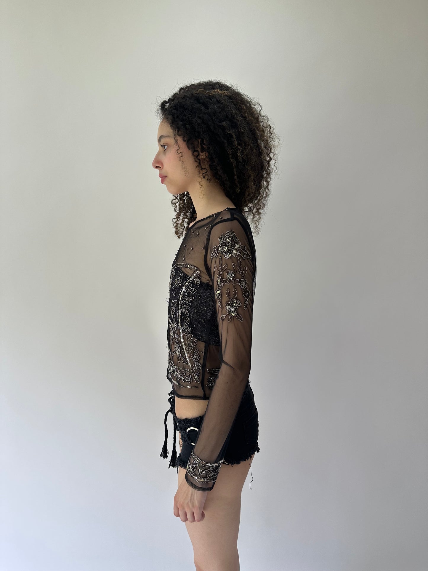 festival drop | small black and silver embellished sheer top