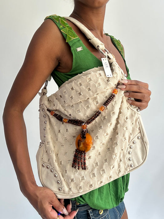 summermaxxing drop | cream studded shoulder bag with beaded detail