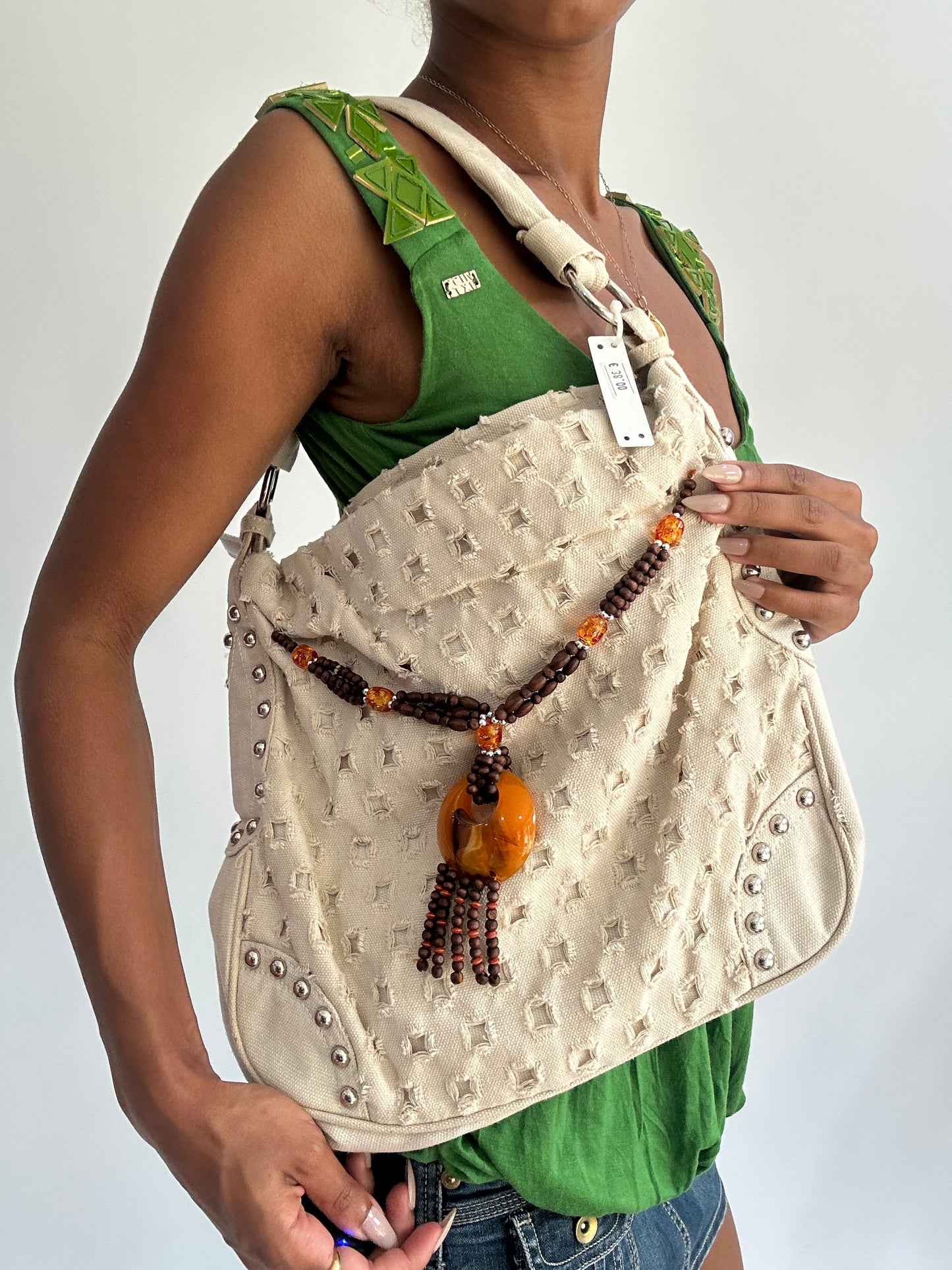 summermaxxing drop | cream studded shoulder bag with beaded detail