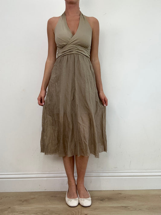 vintage edit: wedding guest | small beige halter neck midi dress with neck tie