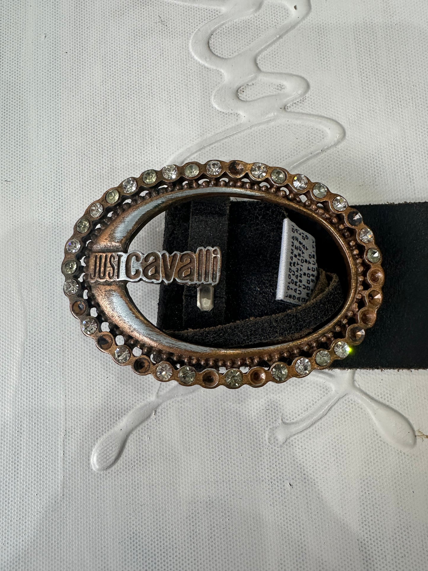 BEST PICKS | black roberto cavalli belt with rhinestone logo buckle