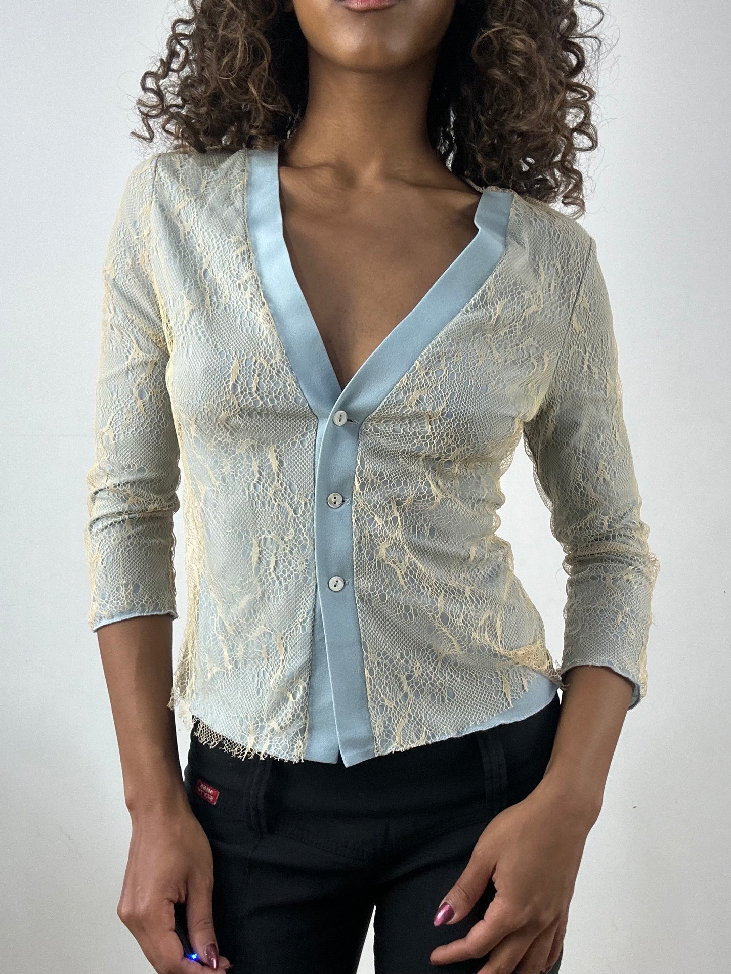 vintage edit thirty-four | small blue button up top with lace overlay