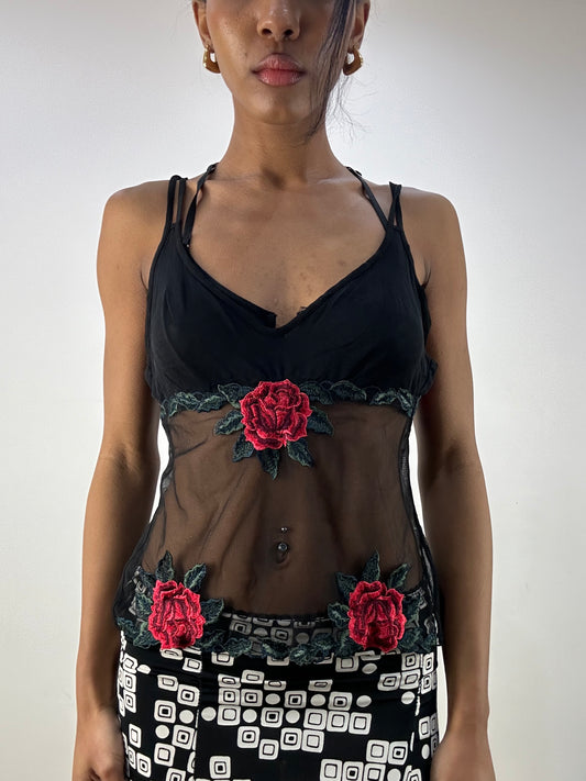 MOB WIFE DROP | small black mesh top with rose graphic detail