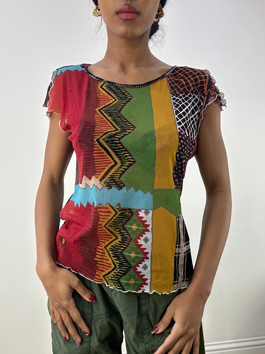💻HIPPY CHIC DROP | small multicoloured mesh t-shirt with lettuce edge