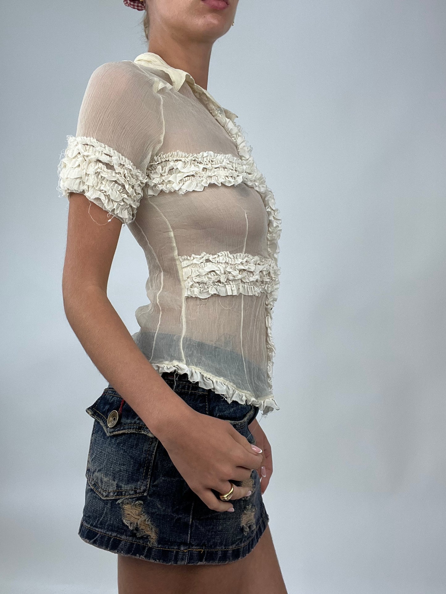 💻 TAYLOR SWIFT DROP | small sheer cream shirt with ruffles