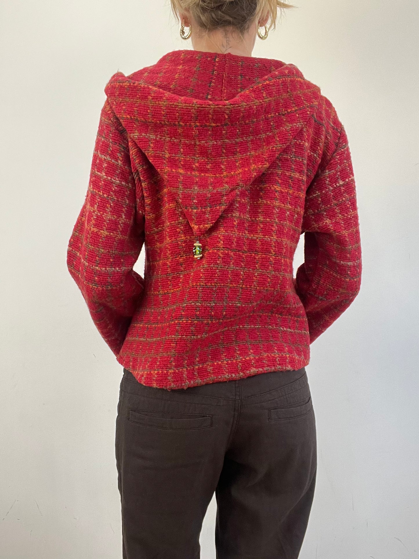 vintage edit eleven | medium red knitted checkered gingham hooded jumper