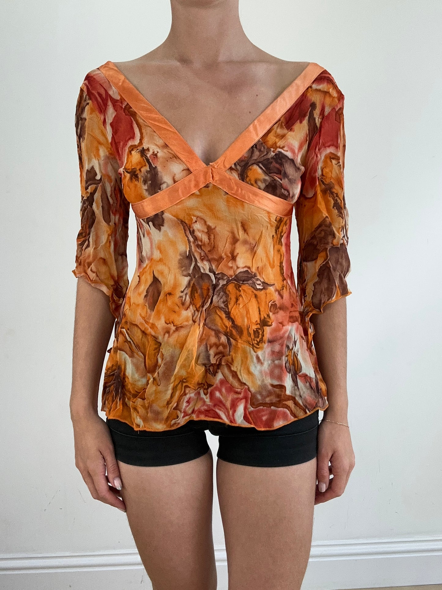 summer edit | small orange and brown mesh top with floral print