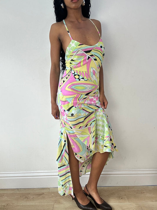 vintage edit twenty-three | small pink and blue maxi dress with abstract print