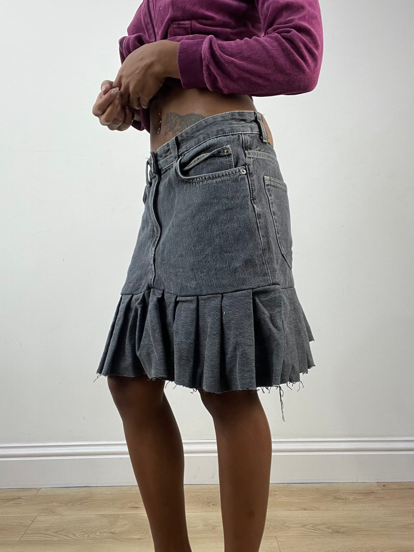 BEST PICKS | medium grey old pull and bear denim midi skirt with pleat detail