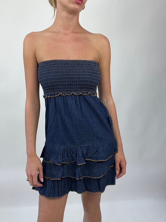 💻COASTAL COWGIRL DROP | small denim blue bandeau ruffle dress