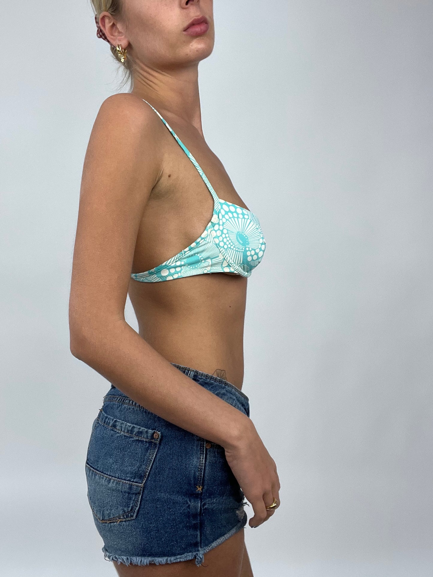 COCONUT GIRL DROP | small blue miss sixty bikini top with white pattern