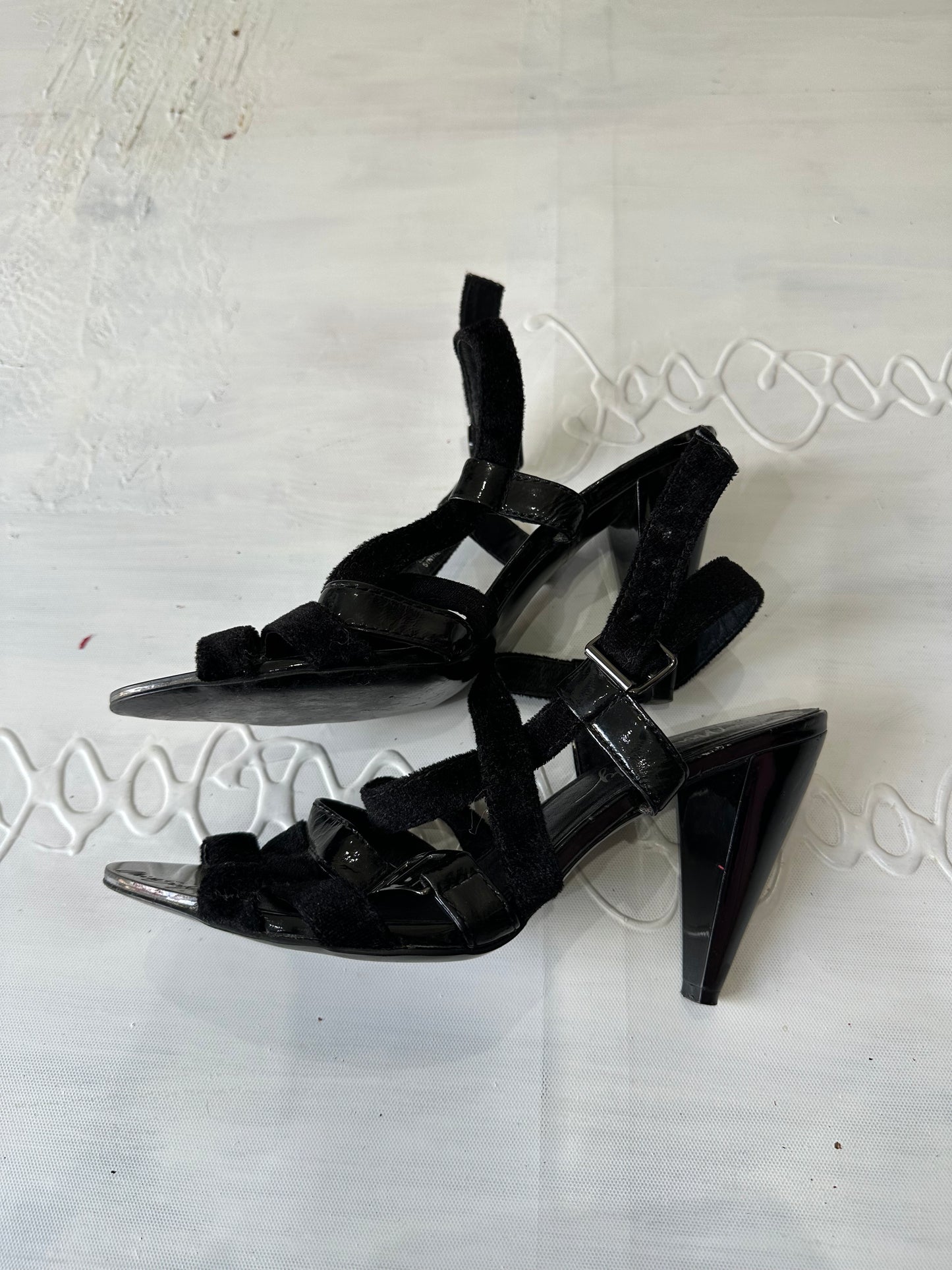 LFW edit | UK4 black miss sixty faux suede straply heels with logo