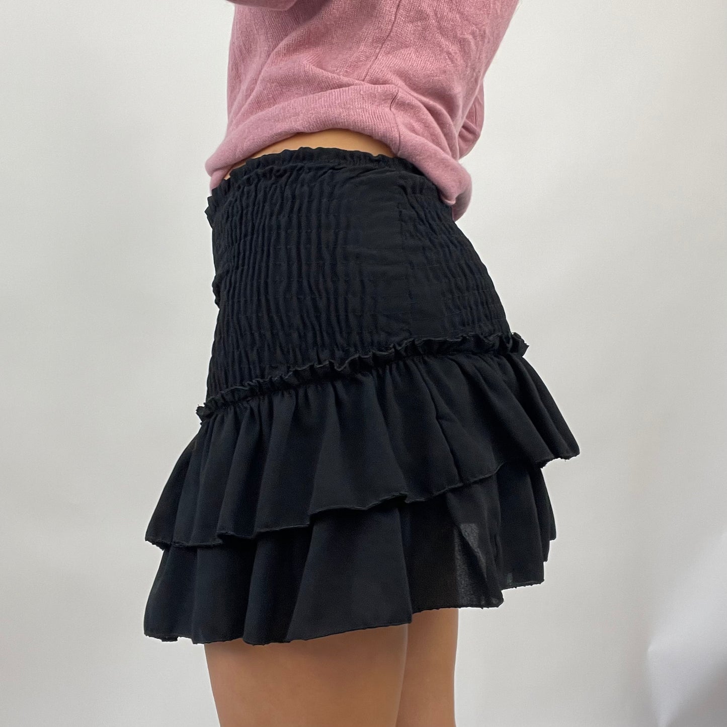 GIRL CORE DROP | small black shirred ruffle skirt