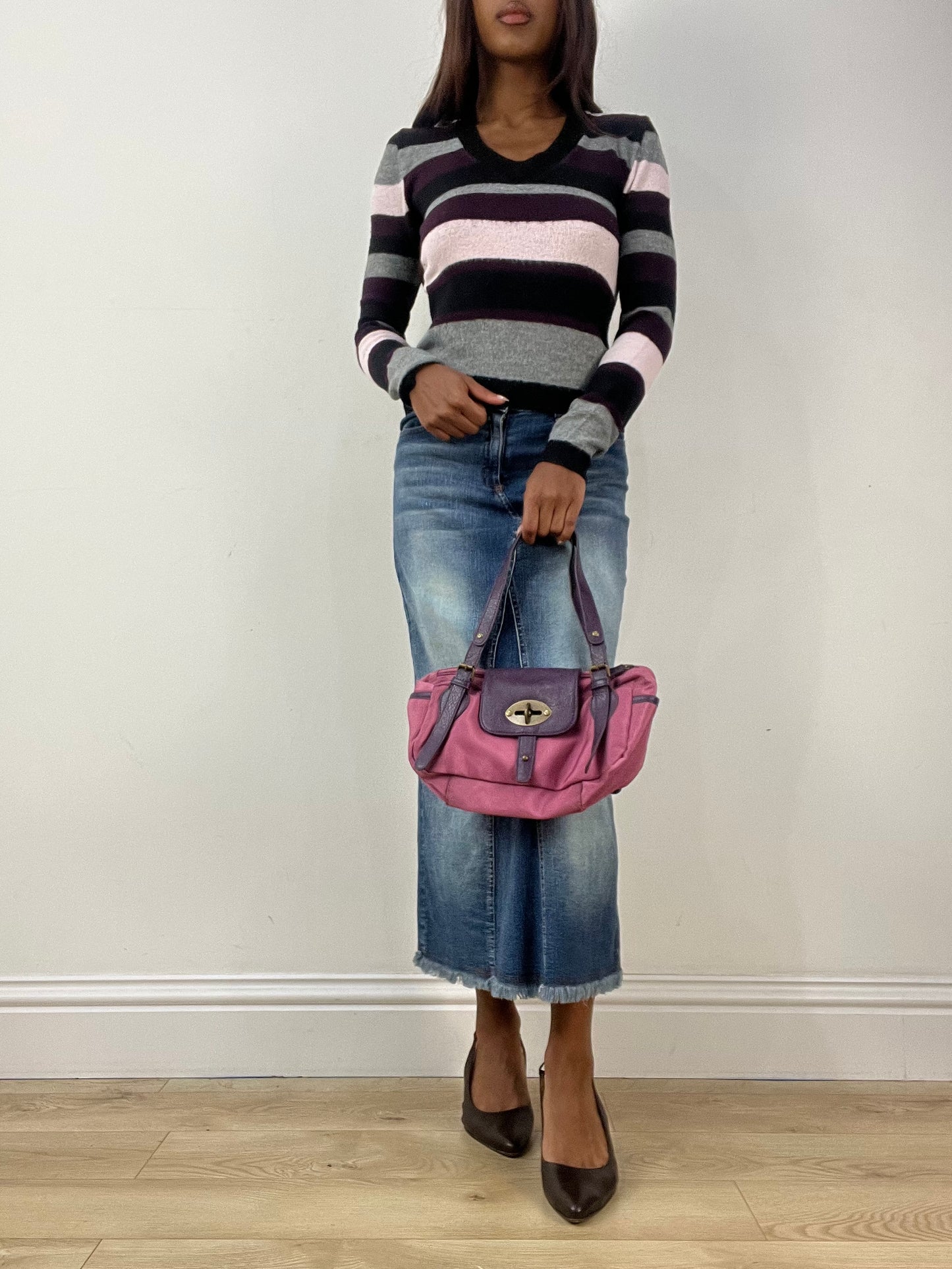 vintage edit thirty-three | pink shoulder bag with purple faux leather detail