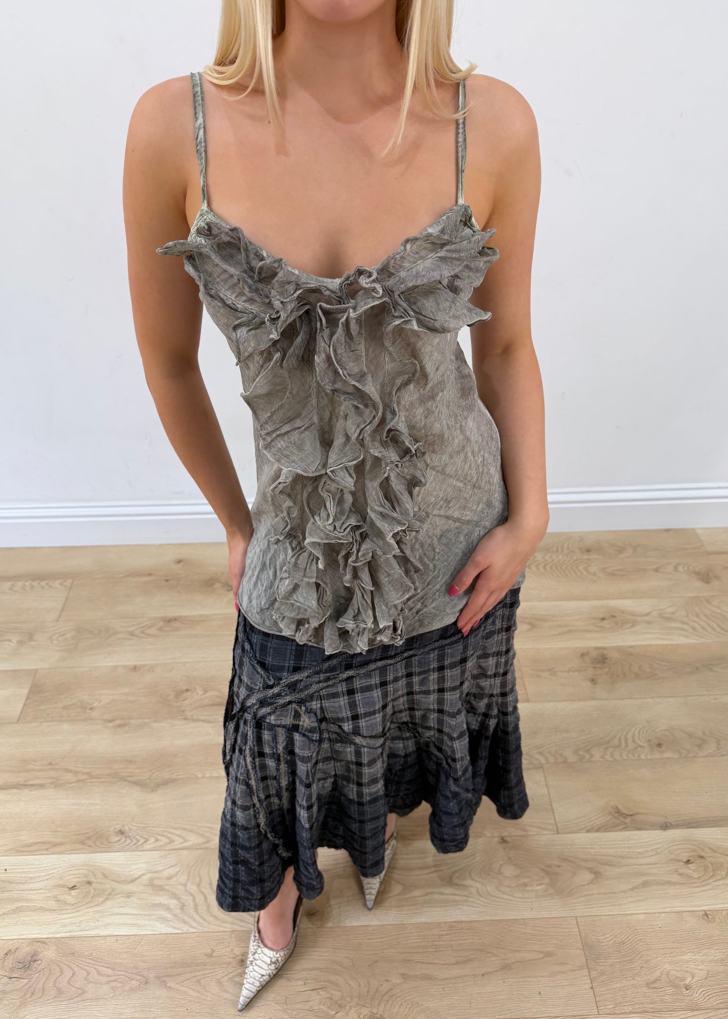 small grey ruffle cami top