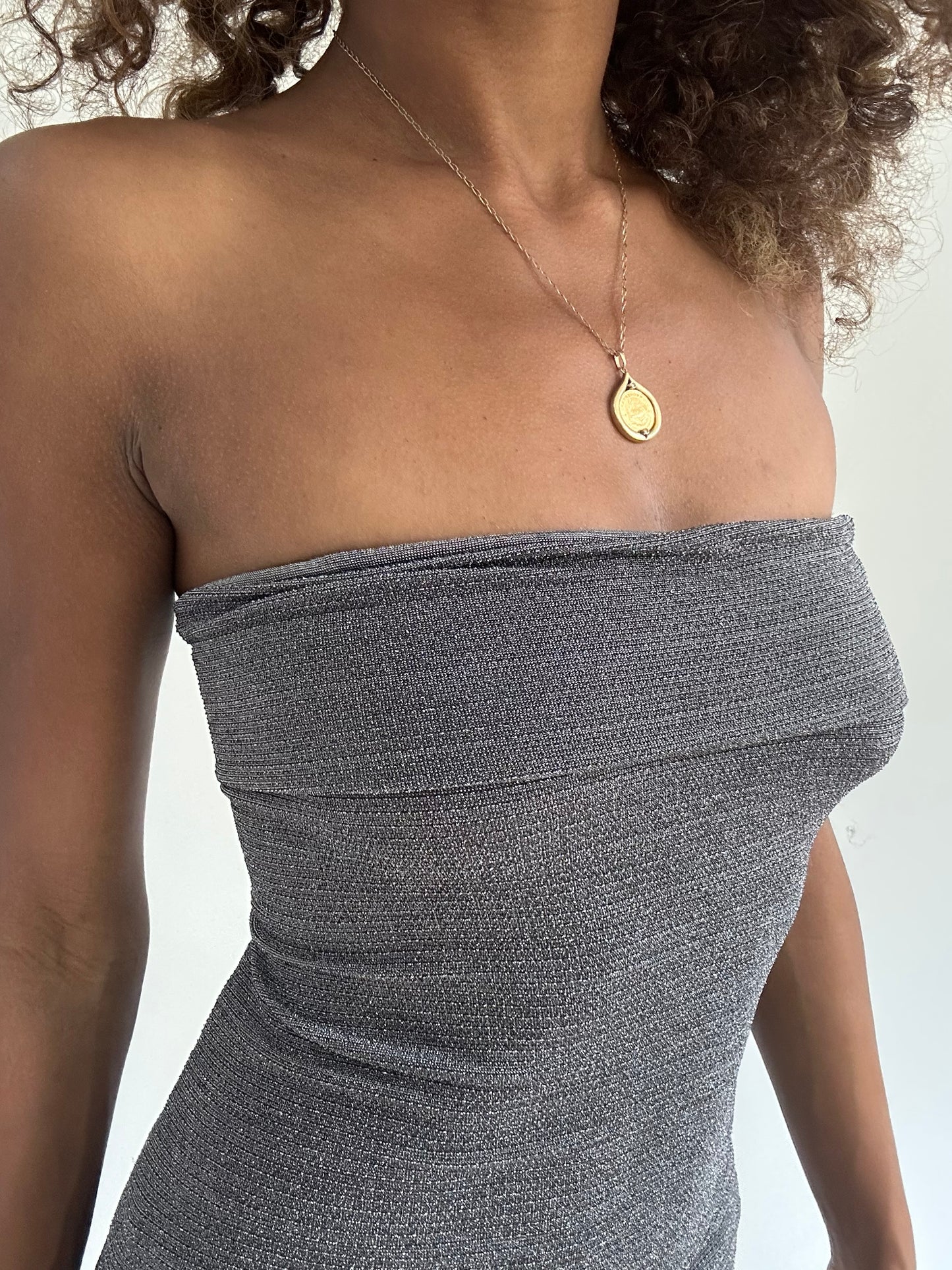 euro trash | small grey sparkle strapless top