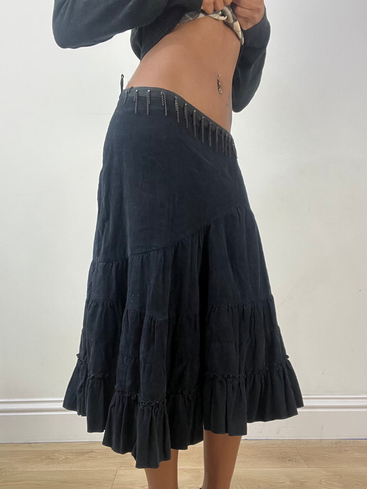 BEST PICKS | small black tiered midi skirt with drop chain detail