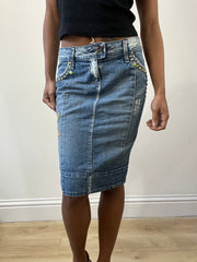 2016 edit | small/medium blue denim midi skirt with graphic details