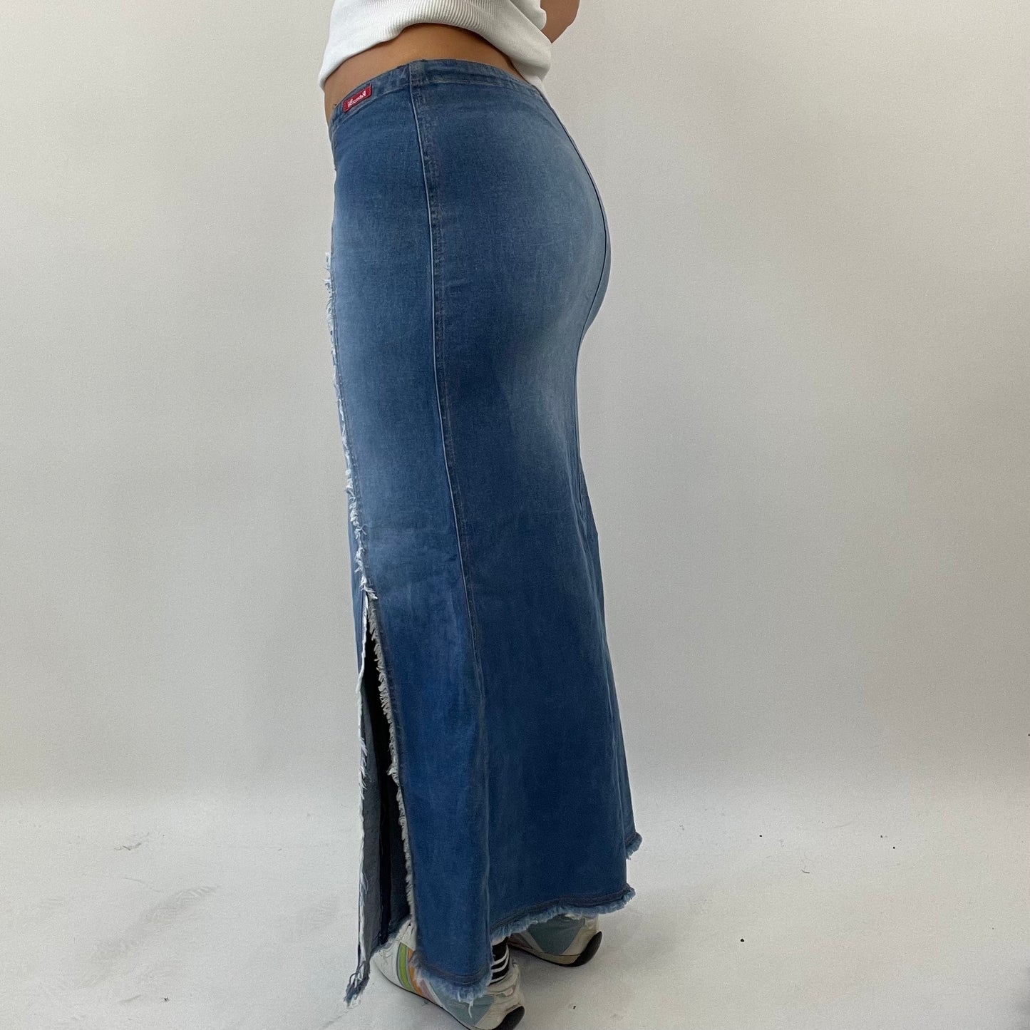 BEST PICKS | medium blue distressed denim maxi skirt with slits