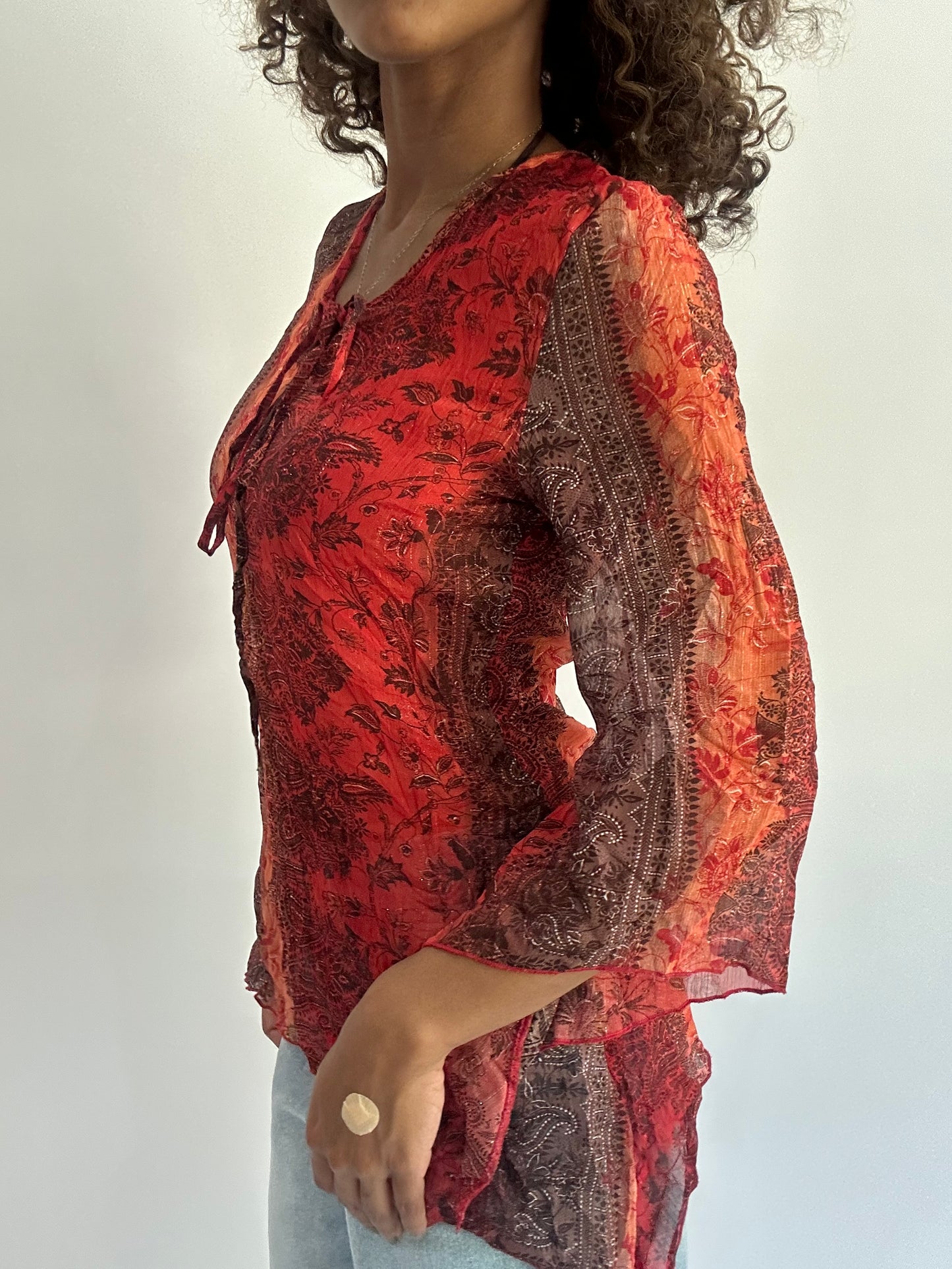beach drop | small/medium red patterned sheer long sleeve top